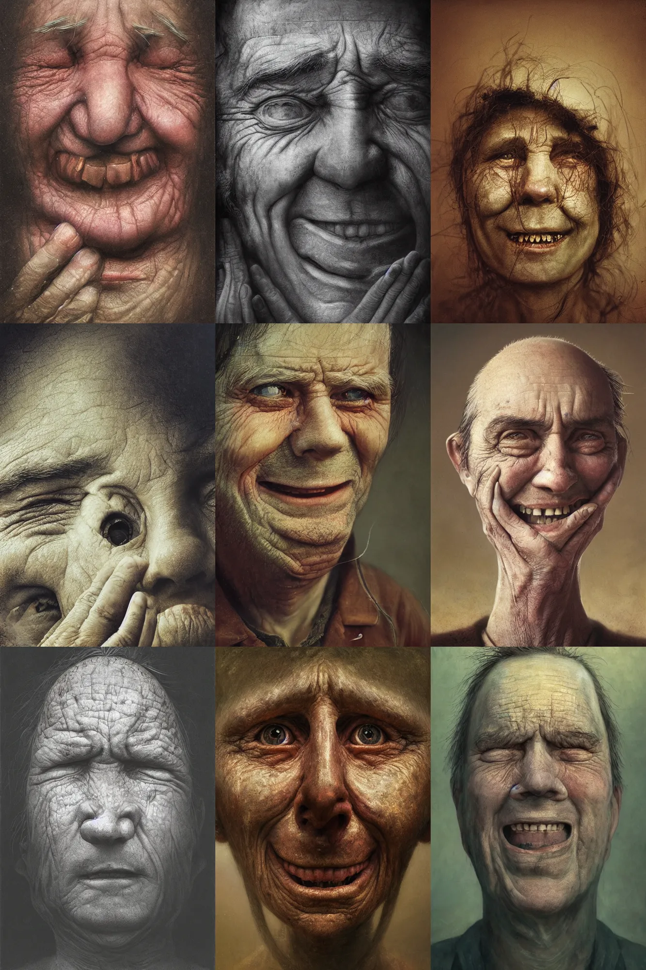Prompt: close-up face portrait of a human crying and smiling, Les Edwards, Zdzislaw Beksinski, Carl Gustav Carus, John Harris, Michal Karcz, Zhang Kechun, Mikko Lagerstedt, Scott Listfield, Steven Outram, Jessica Rossier