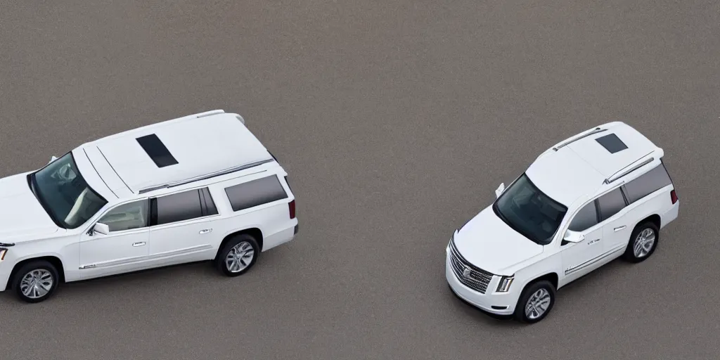 Prompt: A high angle shot of a white SUV based on a Cadillac Escalade and Chevrolet Tahoe