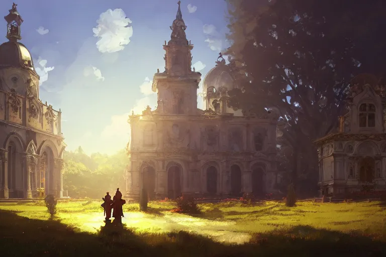 Prompt: a driving ornate baroque church on chainwheels, scene in an open field. key visual, conceptart, ambient lighting, highly detailed, digital painting, artstation, concept art, sharp focus, by makoto shinkai and akihiko yoshida and greg manchess