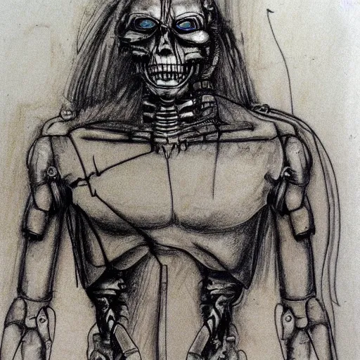 Image similar to terminator, leonardo da vinci sketch!!!, old paper