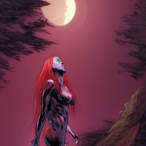 Image similar to a beautiful comic artwork by Jerome Opeña of a woman with red hair near a lake at night, featured on artstation