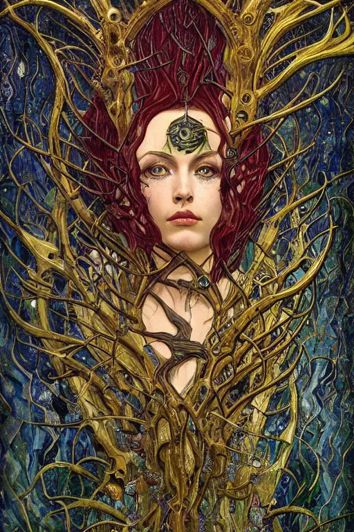 Prompt: Heart of Thorns by Karol Bak, Jean Deville, Gustav Klimt, and Vincent Van Gogh, Surreality, otherworldly, infernal enigma, Helliquary, fractal structures, celestial, arcane, ornate gilded medieval icon, third eye, spirals, dramatic sharp thorns, rich deep moody colors