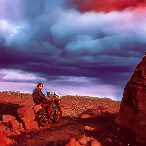 Prompt: robin williams on a motorcycle, rescue mission, necropolis, john candy passenger, clown makeup, excited expression, burning basalt columns, sentient obelisk horizon, hazy red sky, rock atmosphere ceiling, dantes inferno, photo