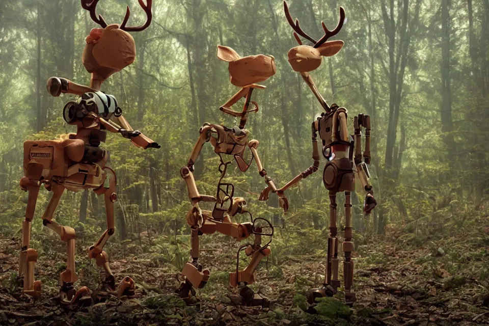 Image similar to a breathtaking claymation film still of a deer and a robot in the forest. claymation by bruce bickford