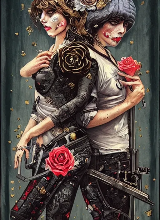 Image similar to tarot card :: horror :: hearts and roses :: gold and silver :: guns and swords :: Sandra Chevrier and bastien lecouffe deharme