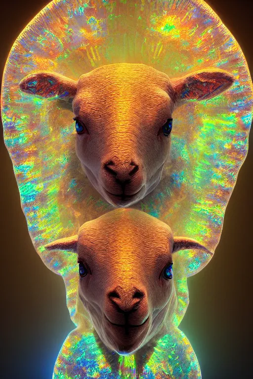 Image similar to a crystalline 3 d mandelbulb fractal in the shape of a lamb, bioluminescent opal, fractal, magnificent lighting, ethereal, ray tracing, octane, holographic, portrait