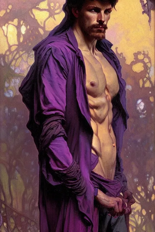 Image similar to A man wearing purple clothes, muscular, fantasy, painting by greg rutkowski and alphonse mucha