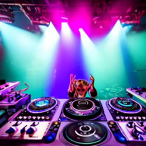 Image similar to award winning photo of an octopus dj with tentacles simultaneously placed turntables cdjs and knobs of a pioneer dj mixer. sharp, blue and fuschia colorful lighting, in front of a large crowd, studio, medium format, 8 k detail, volumetric lighting, wide angle, at an outdoor psytrance festival main stage at night