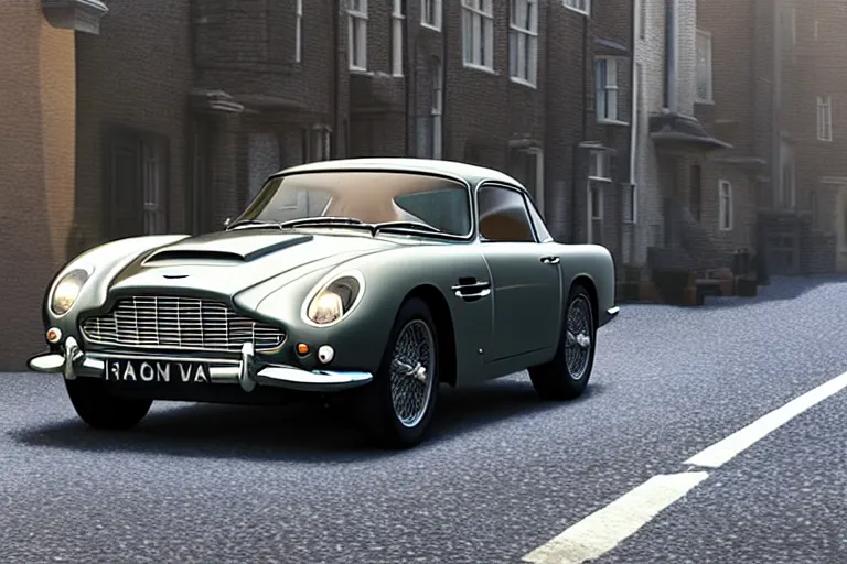 Image similar to a wholesome animation key shot of one focused short shrunk aston martin db 5, on a rich residential london street, waist height, medium range, studio ghibli, ( pixar ) and disney animation, sharp, very detailed, unreal engine 5 render, bloom, high resolution, anime key art by greg rutkowski