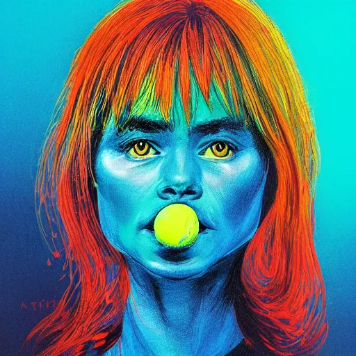 Prompt: portrait, raining tennis balls, chalk, colorful, digital art, fantasy, magic, trending on artstation, ultra detailed, professional illustration by Basil Gogos