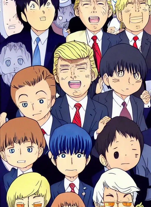 Image similar to donal trump manga, color, best scene, studio ghibli, chibi style, by katsuhiro otomo and hiroya oku and makoto yukimura