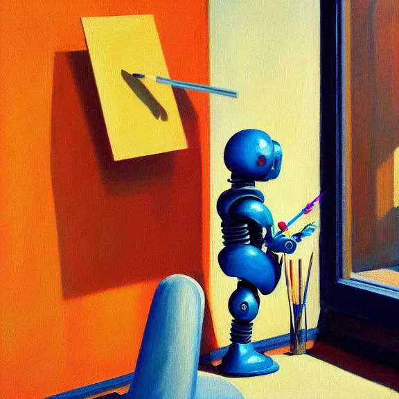 Prompt: beautiful illustration of a robot painting an artwork on a canvas with a paintbrush by edward hopper, clean lines, very detailed, colorful octane render