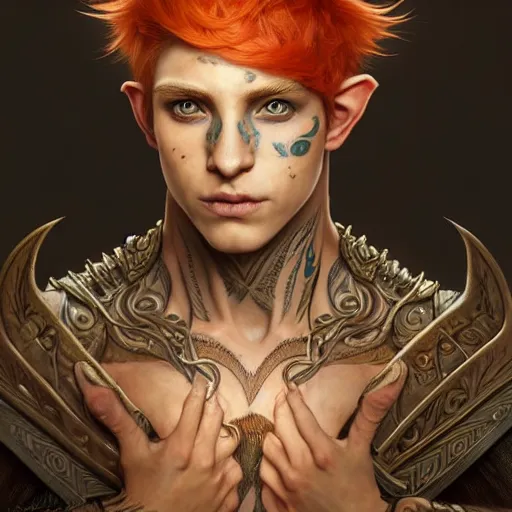 Image similar to portrait painting of an elven male teen with short light orange hair and tribal tattoos on his face wearing fur armor, ultra realistic, concept art, intricate details, eerie, highly detailed, photorealistic, octane render, 8 k, unreal engine. art by artgerm and greg rutkowski and charlie bowater and magali villeneuve and alphonse mucha