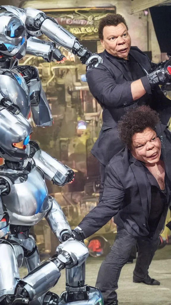 Image similar to craig charles engaged in hand to hand combat with one of the robots on robot wars uk