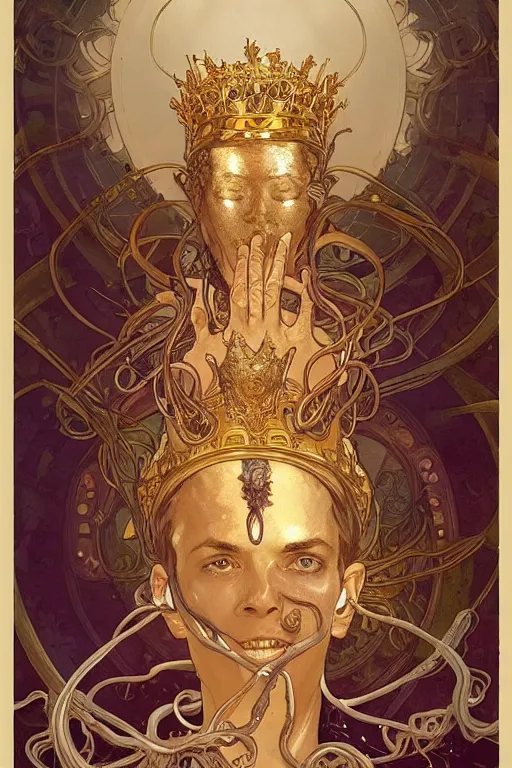 Image similar to Prince , a golden crown floating above his head, tentacles coming out the ground art by Artgerm and Greg Rutkowski and Alphonse Mucha and Craig Mullins and James Jean and Andrei Riabovitchev and Marc Simonetti and peter mohrbacher, sharp focus, ominous, cosmic horror, trending on artstation, Ultra detailed, hyper realistic 4k