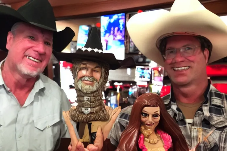 Prompt: taking a selfie with a plastic cowboy at an applebee's, cell phone photo