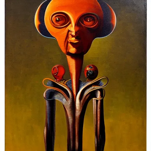 Prompt: An oil painting of a strange alien creature by Max Ernst and Giorgio de Chirico, Trending on artstation