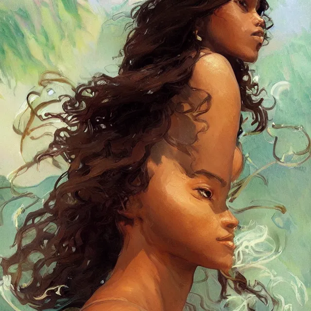 Image similar to a brown skinned woman as a waterbender, brown curly hair, portrait, elegant, intricate, digital painting, artstation, concept art, smooth, sharp focus, illustration, art by konstantin korovin and daniel f. gerhartz and john howe