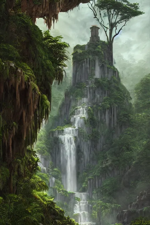 Image similar to carved into the Rock a citadel-temple , gnarly trees, lush vegetation, forrest, a small stream runs beneath the waterfall, landscape, raphael lacoste, eddie mendoza, alex ross, concept art, matte painting, highly detailed, rule of thirds, dynamic lighting, cinematic, detailed, denoised, centerd