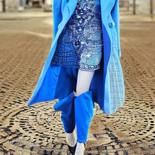 Image similar to fashion 2 0 5 0 fantastic openwork long coat with intricate pattern on a beautiful symmetrical girl with blue hair, hyper realistic photos
