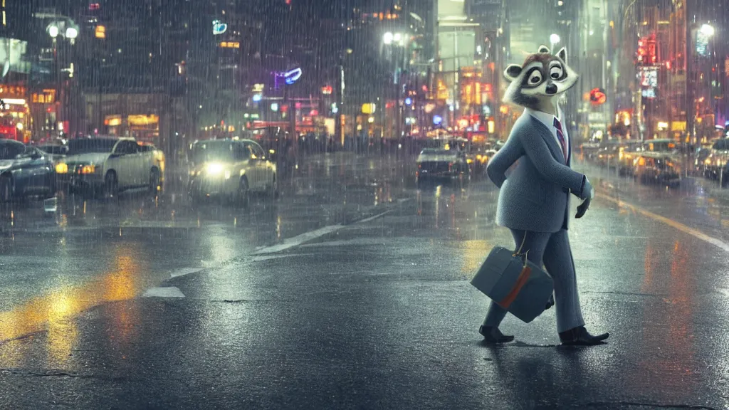 Image similar to An anthropomorphic raccoon businessman is walking down a busy crosswalk at in the rain at night, warm lighting with an orange glow blanketing the cityscape from the city lights, zootopia, other anthropomorphic characters are walking by him, extremely detailed, HDR, sideview, solemn and moody, many cars and animal people in the background, detailed face and eyes, large and detailed eyes with visible pupils, the road is wet with many rain puddles, reflections from the water on the ground