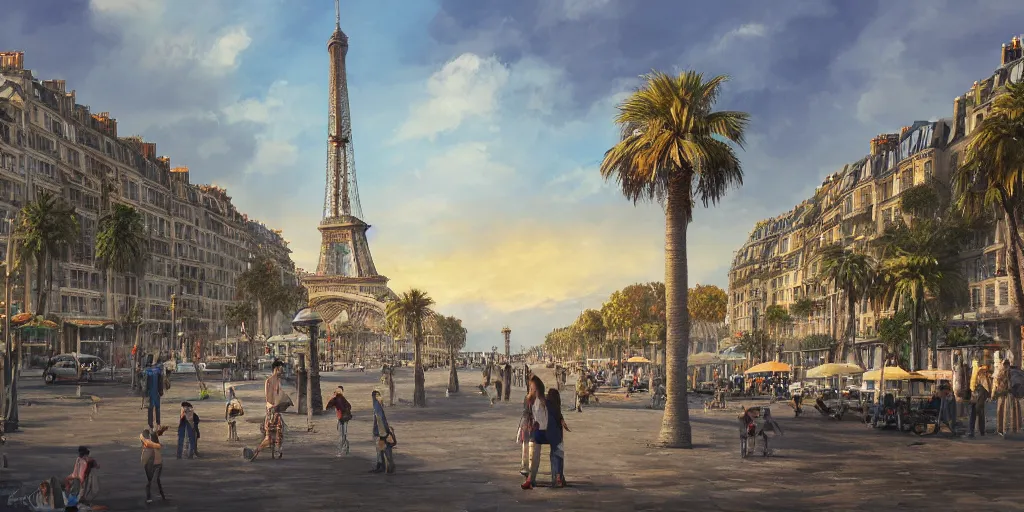 Image similar to the beautiful city of paris rebuilt near the ocean in sunny california, beach view, palm trees, splendid haussmann architecture, wonderful eiffel tower, digital painting, highly detailed, intricate, concept art, matte painting, trending on artstation