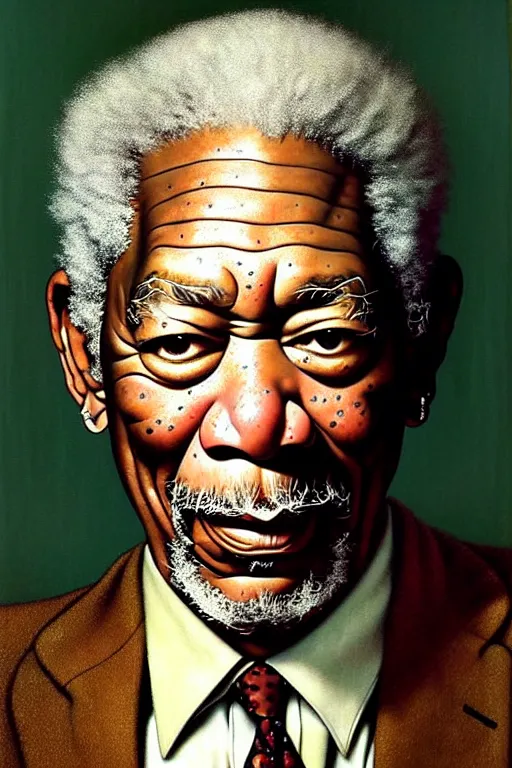 Image similar to morgan freeman portrait by gil elvgren and norman rockwell and rob gonsalves and hajime sorayama, hyperrealistic, high detail, ultra detailed, highly detailed face, ruffled fabric