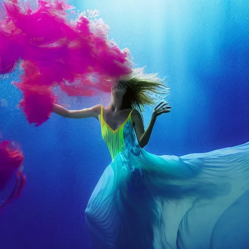 Image similar to woman dancing underwater wearing a flowing dress made of blue, magenta, and yellow seaweed, delicate coral sea bottom, swirling silver fish, swirling smoke shapes, octane render, caustics lighting from above, cinematic, hyperdetailed