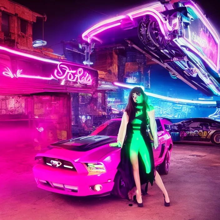 Prompt: a beautiful girl in a cyberpunk costume is standing near a ford mustang, neon lights, super realistic, extremely high detail, glowing purple, vibrant red, vogue magazine cover