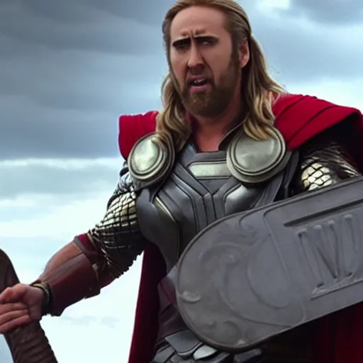 Prompt: film still of Nic Cage as Thor in Thor Love and Thunder