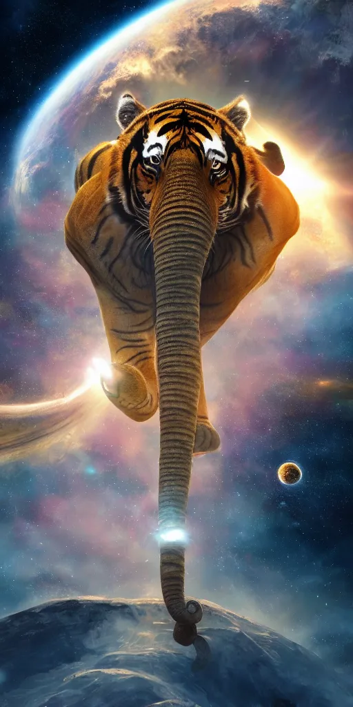 Image similar to planet - sized tiger elephant in space, next to the sun and stars, very wide shot, epic composition, hyper detailed, digital art, trending in artstation, cinematic lighting, studio quality, unreal engine 5 rendered, art style by klimt and nixeu and ian sprigger and wlop and krenz cushart