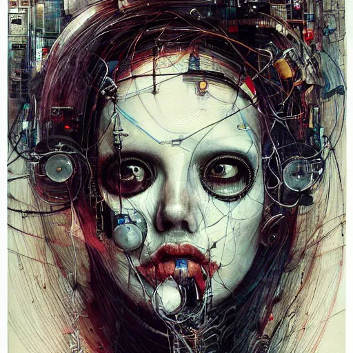 Image similar to rona mitra as a cyberpunk noir detective, skulls, wires cybernetic implants, machine noir grimcore, in the style of adrian ghenie esao andrews jenny saville surrealism dark art by james jean takato yamamoto and by ashley wood