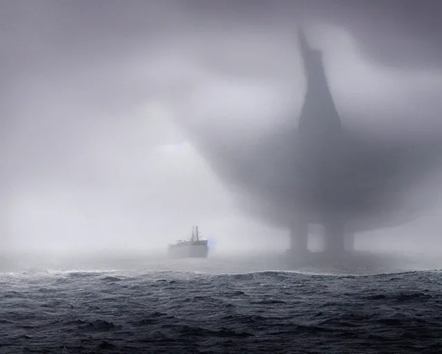 Prompt: photo of a big ship on a stormy ocean, cthulhu's silhouette in the back hidden in the fog, coming closer