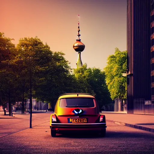 Prompt: a car parked Volkswagon Golk at side of road, Berlin City, city sunset, cinematic color, photorealistic, highly detailed, bokeh, DOF, octane render