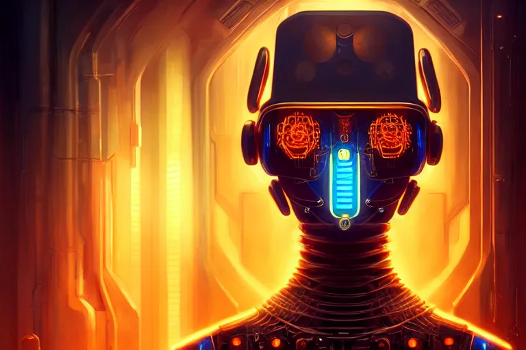 Prompt: a portrait painting of a ai machine god, hearth of the machine in cyberpunk style, symmetrical, golden ratio, energy core, cybernetic shrine, robot religion, realistic shaded lighting, magali villeneuve, artgerm, rutkowski