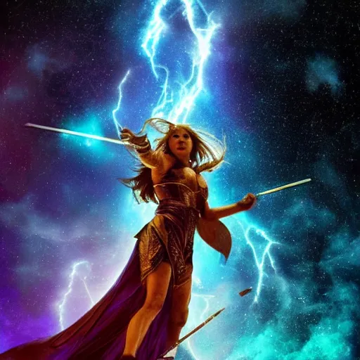 Prompt: An epic movie shot of a goddess fighting, cinematic, moody lighing, galaxy, vivid colors, explosion, spear, tarot, noble,