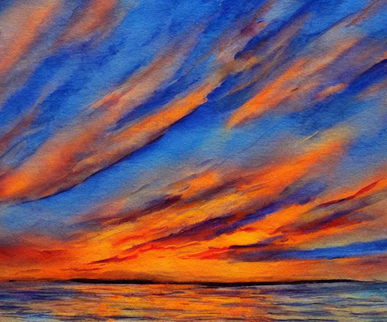 Prompt: clouds, sunset, water painting