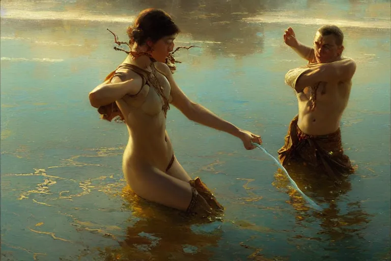 Image similar to water bender, painting by gaston bussiere, craig mullins, j. c. leyendecker