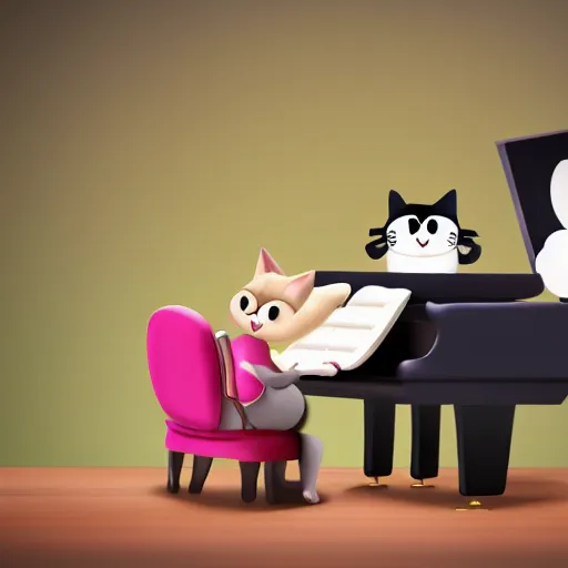 Image similar to cute cartoon cat playing the piano, highly detailed, award winning, 8 k photorealistic