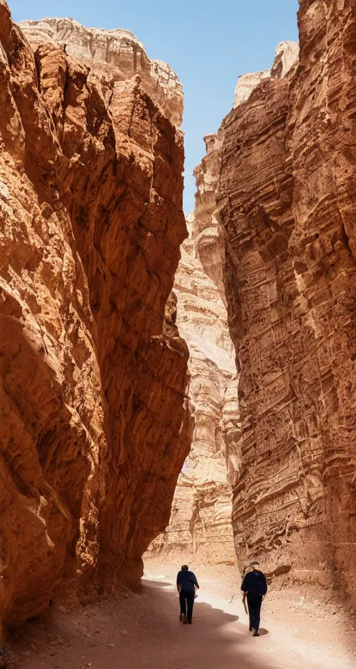 Image similar to narrow canyon in a desert, filled with flowers, caravan traders walking through on camels