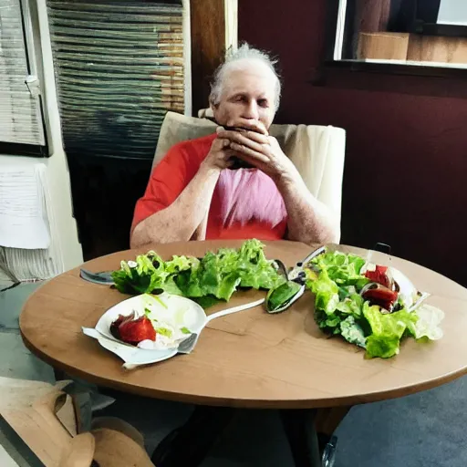 Prompt: a chair eating a salad at a table