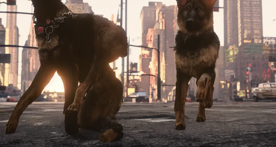 Image similar to the german shepherd of i am legend in new york, gta 5 comic style, octane render, unreal engine, sundown, empty streets