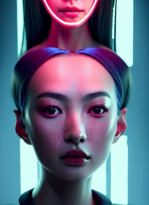 Image similar to photorealistic portrait of oriental female humanoid with freckle cheeks, cyber neon lightings, wide angle, highly detailed, cyberpunk high fashion, elegant, crispy quality, trending in artstation, trending in pinterest, glamor pose, no signature, no watermark, cinematic, octane render, art by artgerm, art by greg rutkowski, art by pascal blanche