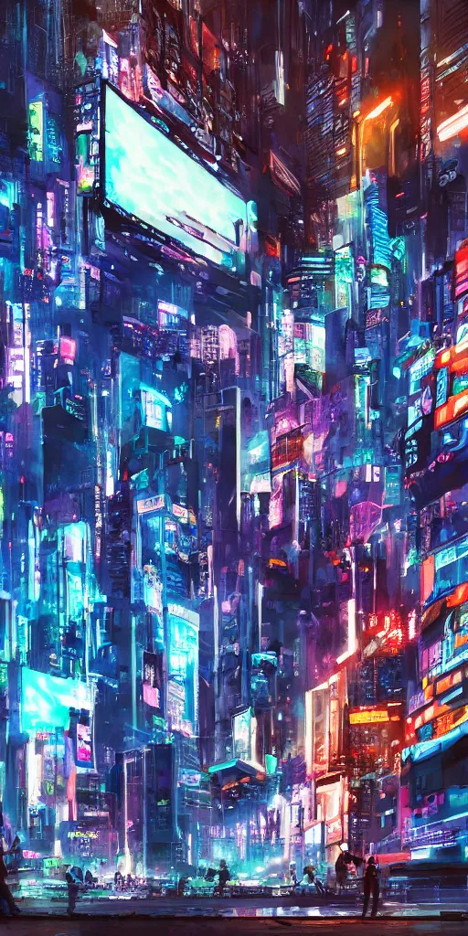 Prompt: photo of futuristic paintings displayed on big screen in cyberpunk city, enormously detailed, digital painting