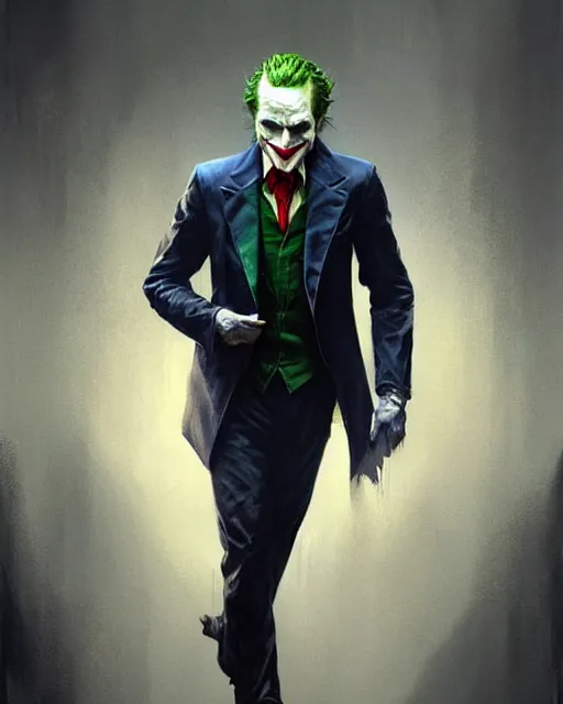 Image similar to character full body portrait of the joker | | realistic shaded, unpleasant face, bad looking, fine details, realistic shaded lighting poster by greg rutkowski, magali villeneuve, artgerm, jeremy lipkin and michael garmash and rob rey