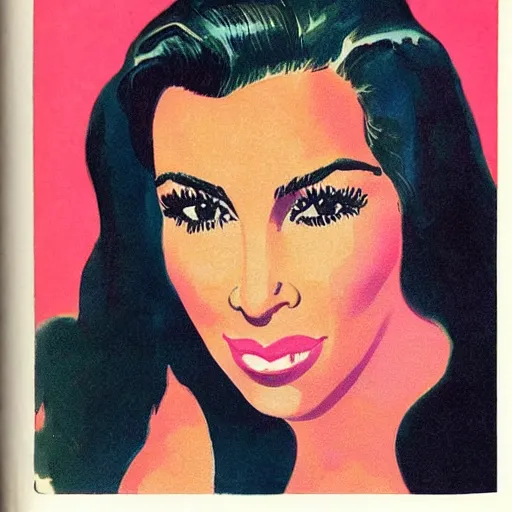 Image similar to “Kim Kardashian portrait, color vintage magazine illustration 1950”