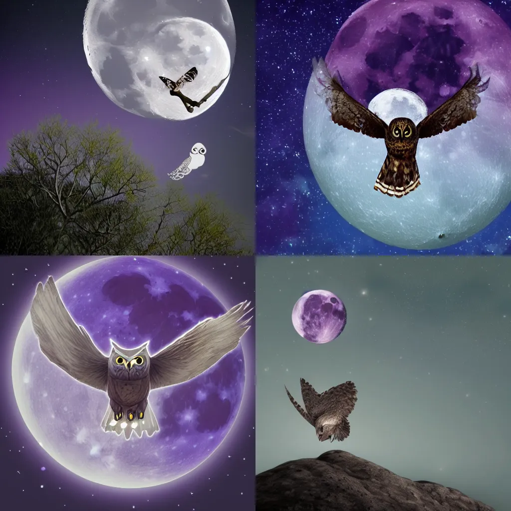 Prompt: A sillouhete of an owl flying in front of the moon, dark purple sky with stars in background, HD, trending on Artstation