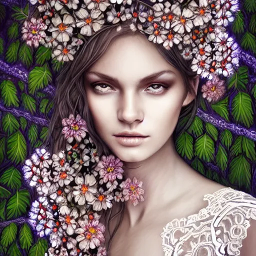 Image similar to a picture of a beautiful woman with a symmetrical detailed face, dressed in a white lace dress and covered in flowers and leaves sitting in an enchanted forest, sunset, high fantasy, elegant, epic, detailed, intricate, digital painting, concept art, realistic detailed face, smooth, focus, rim light