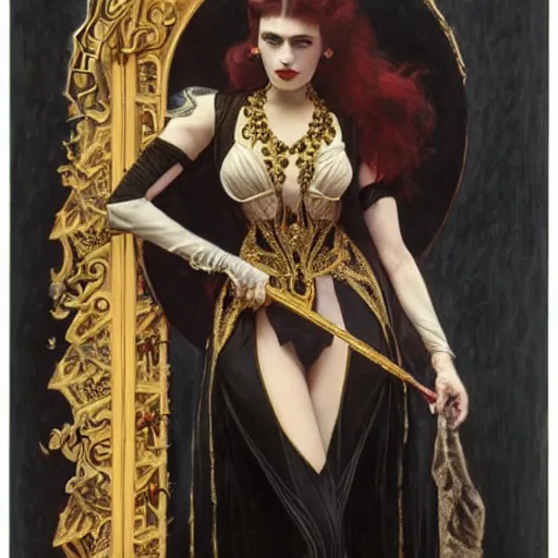 Prompt: an extremely detailed matte painting of a vampire queen in a resplendent black dress with gold and crimson trim and a long leg slit, in the style of magic the gathering, 8 k, sharp focus, detailed face, art by john collier and albert aublet and krenz cushart and artem demura and alphonse mucha