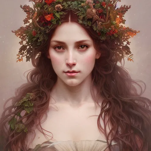 Image similar to portrait of forest goddess, intricate, elegant, highly detailed, digital painting, artstation, concept art, smooth, sharp focus, illustration, art by artgerm and greg rutkowski and alphonse mucha and william - adolphe bouguereau